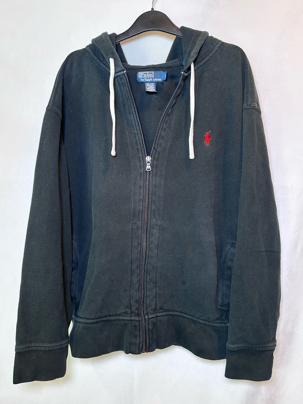 Vintage Y2K Polo Ralph Lauren Men’s Full Zip Hoodie Black  XL Side Slit Pockets